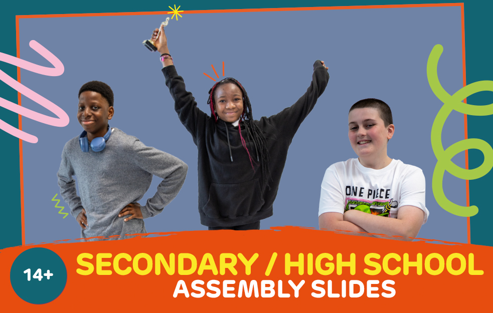 Secondary school pupils on a purple background with the text 'Secondary / high school assembly slides for 14+'