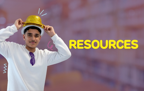 A boy in a white jumper and a gold fancy dress style hat alongside text which reads 'resources'.