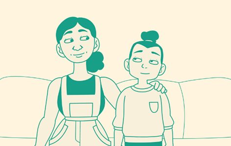 Animation still of mum with her hand on her child's shoulder sitting on the sofa