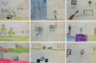 A grid showing a variety of children's drawings showing their favourite wellbeing activities