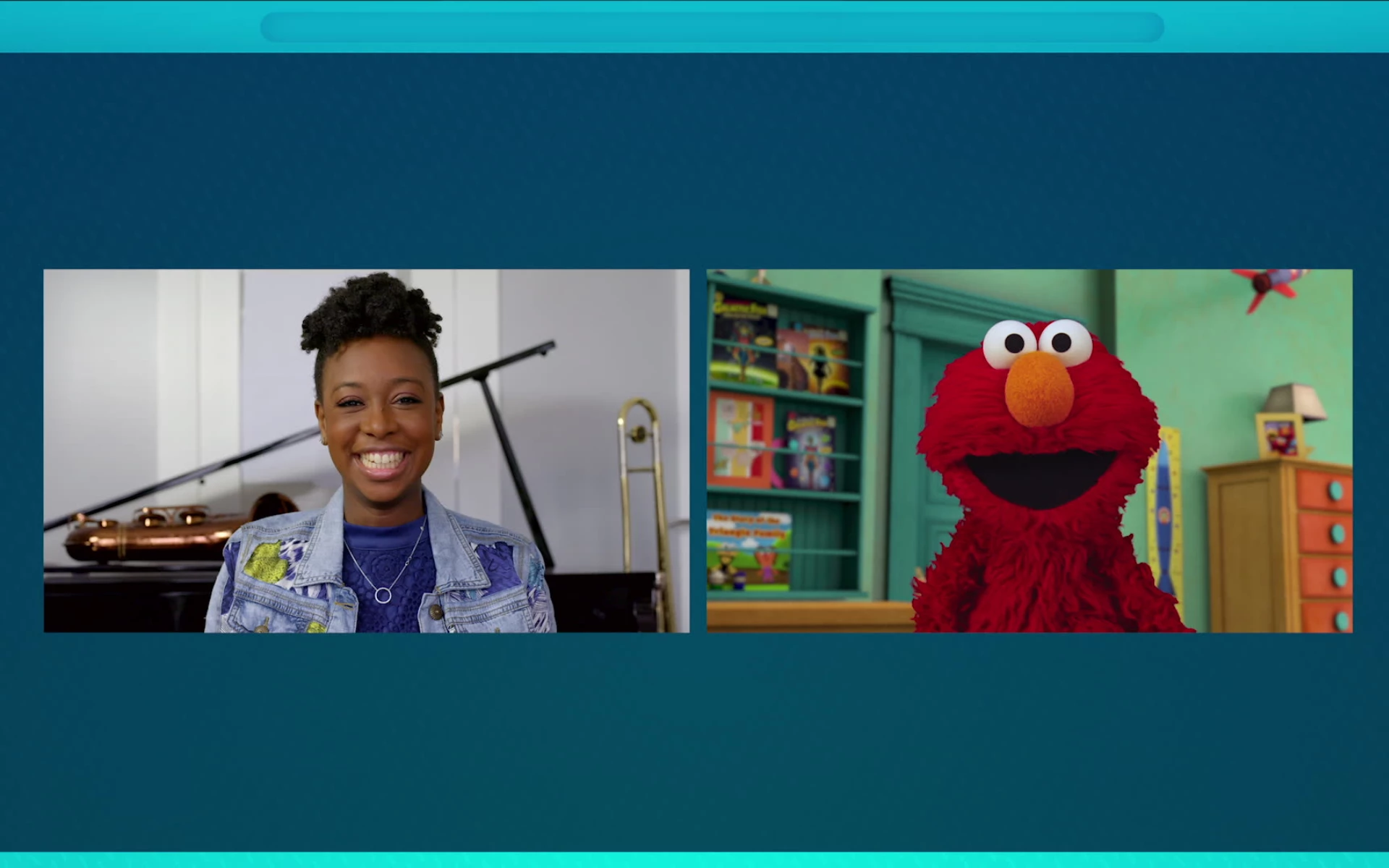 Sesame Street Screenshot from the Mindful Moments video, with Place2Be Ambassador YolanDa Brown on the left and Sesame Street's Elmo on the right.