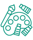 Turquoise illustration of paint palette with pain brush and three tubes of paint