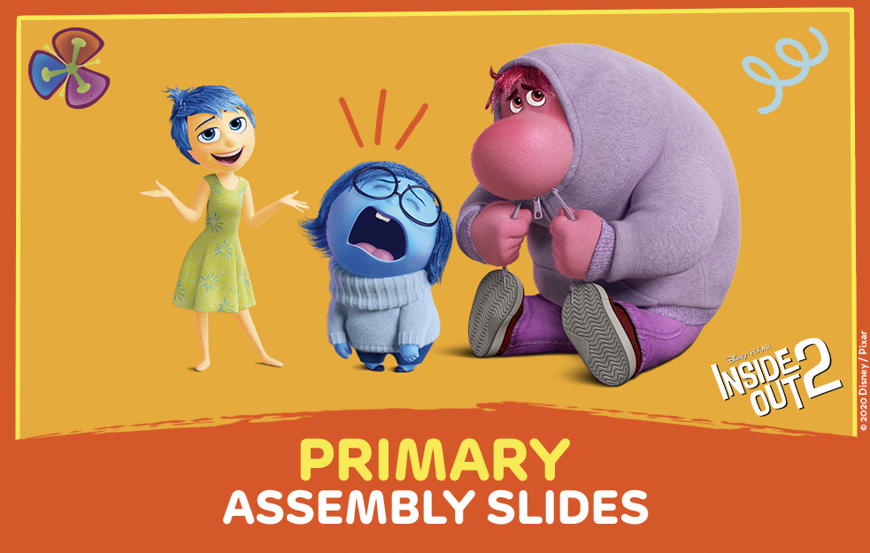 Joy, Sadness and Embarrassment from Inside Out 2 on an orange background for Place2Be's Children's Mental Health Week