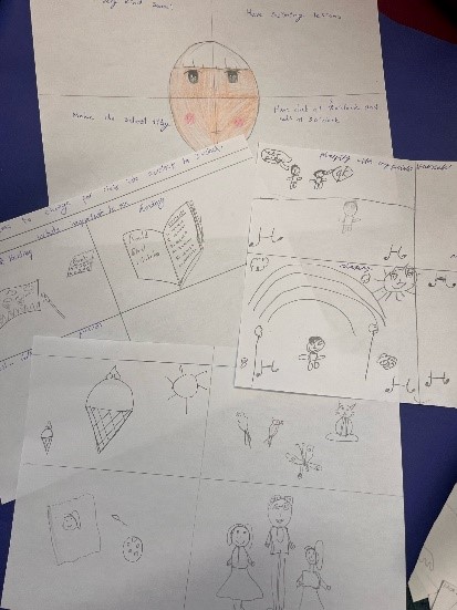 4 pieces of paper containing drawings from children