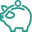 Illustrated turquoise icon of a piggy bank with a coin going into it