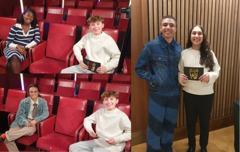 A collage of pictures showing BAFTA Young Presenters Samaira Iqbal and Tristan Thompson sitting with Shanequa Paris, Chloe Lea and Jay Lycurgo
