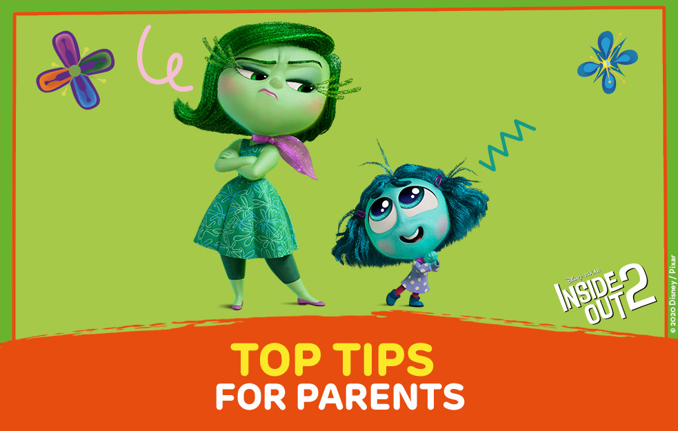 Envy and Disgust from Inside Out 2 who are taking part in Place2Be's Children's Mental Health Week