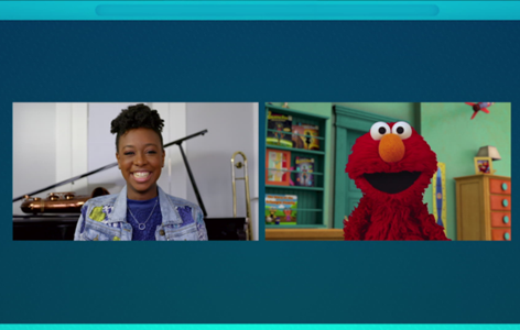 Screenshot from the Mindful Moments, with Place2Be Ambassador YolanDa Brown on the left and Sesame Street's Elmo on the right.
