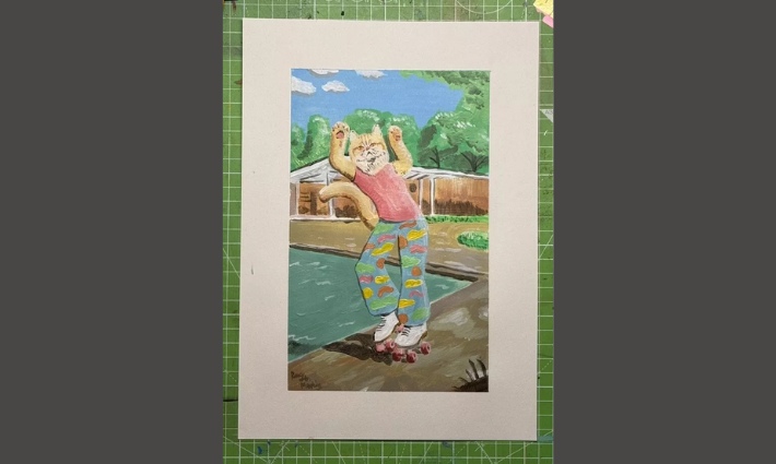 Artwork of a cat on rollerskates by the pool with funky trousers