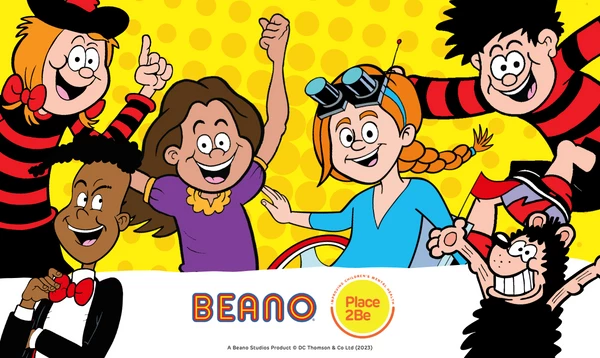 Beano Website Banner 600 X 358 Px Beano character favourites including Minnie, Gnasher and Dennis. The photo contains the Beano and Place2Be logos