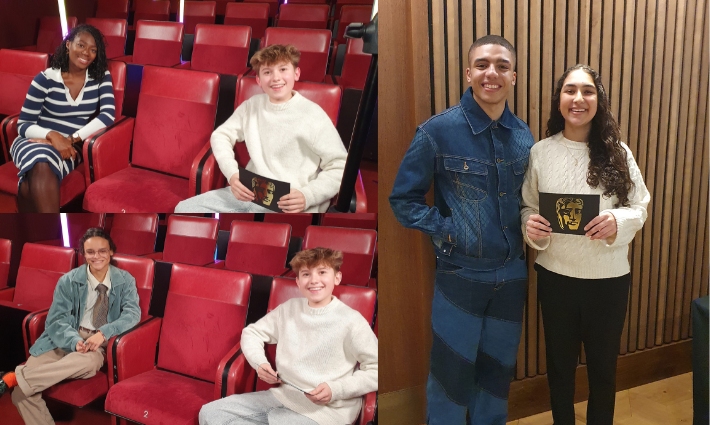 A collage of pictures showing BAFTA Young Presenters Samaira Iqbal and Tristan Thompson sitting with Shanequa Paris, Chloe Lea and Jay Lycurgo