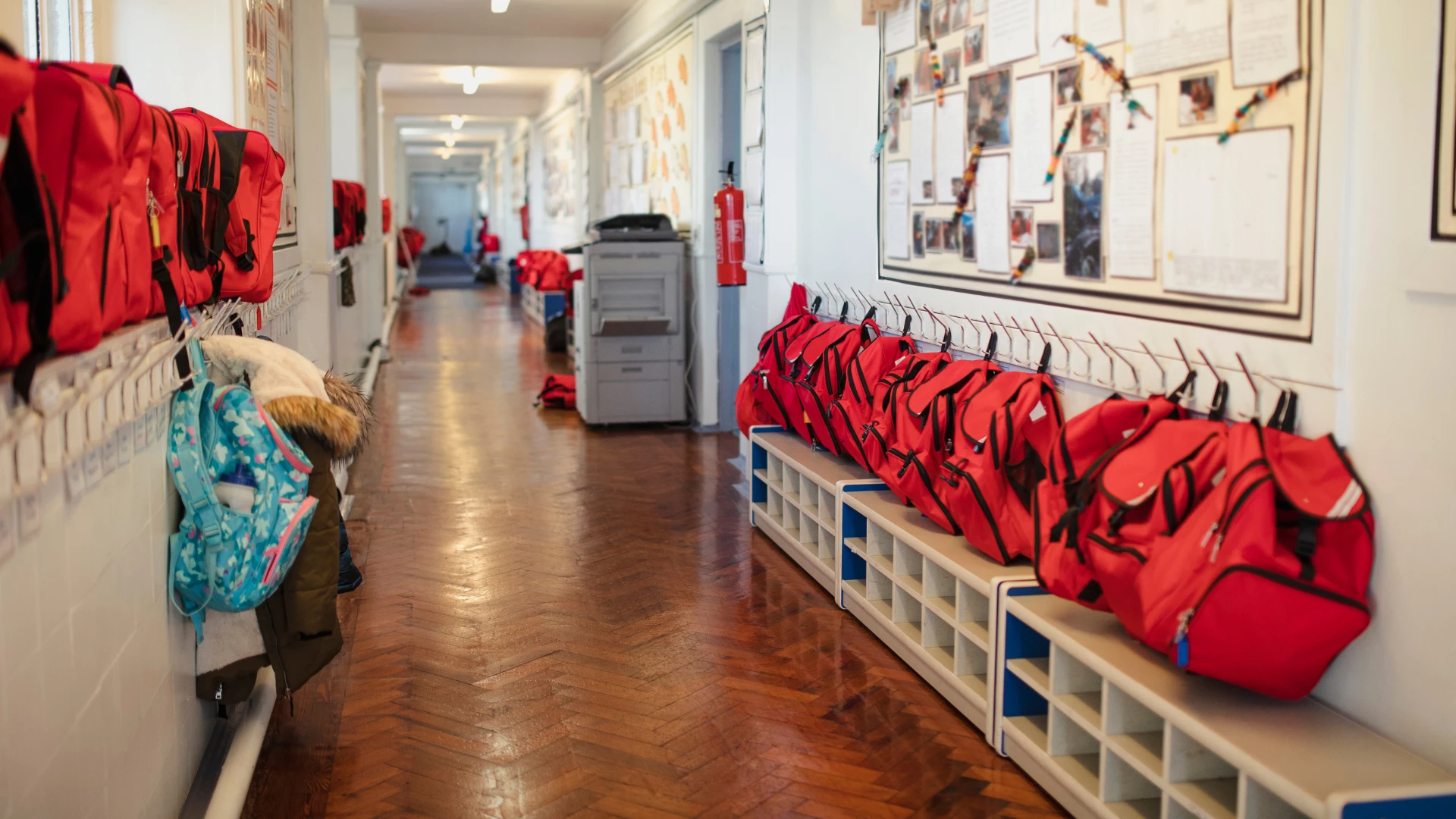 School bags hanging in corridor School bags hanging in corridor
