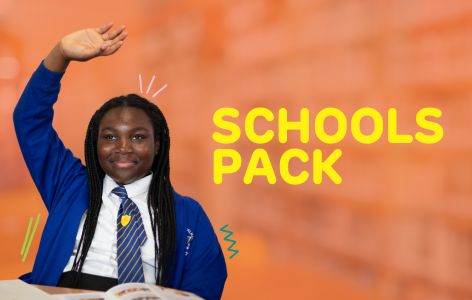 The words 'School pack' on an orange background with a secondary aged pupil sitting down with her hand raised in class