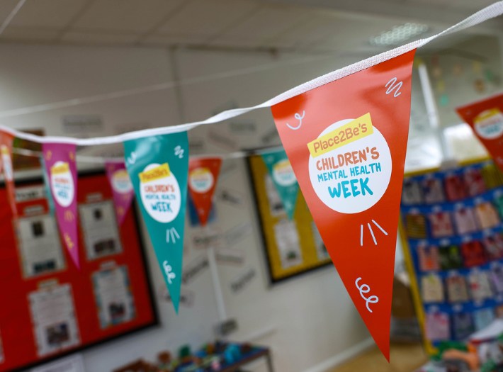 The official Children's Mental Health Week bunting hanging in Castle Hill Academy's classroom