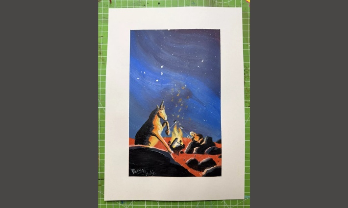 Artwork of a unicorn and frog toasting marshmallows